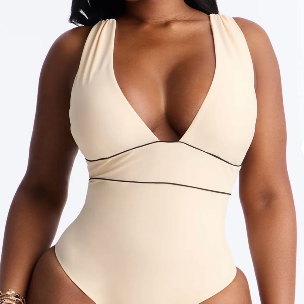 Fashion Nova Cream Plunge One-Piece Swimsuit with Black Trim